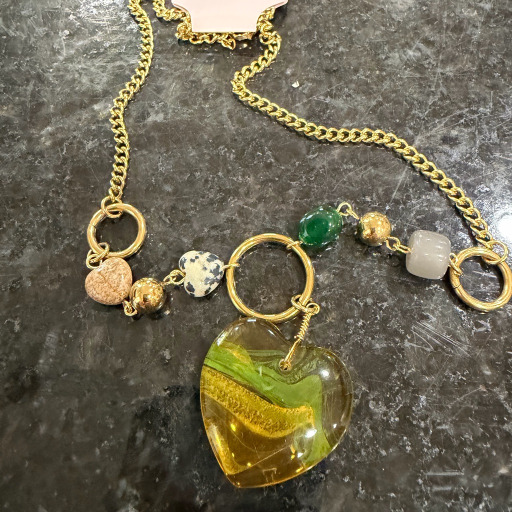 Gold Heart Necklace With Green And Cream Accents